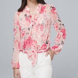 WHBM | Floral Tie-Neck V-Neck Blouson Top 6